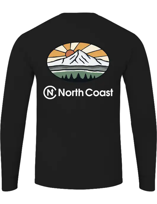 Core Blend Black Long Sleeve Tee w/White Mountain Sunset Logo, North Coast Logo