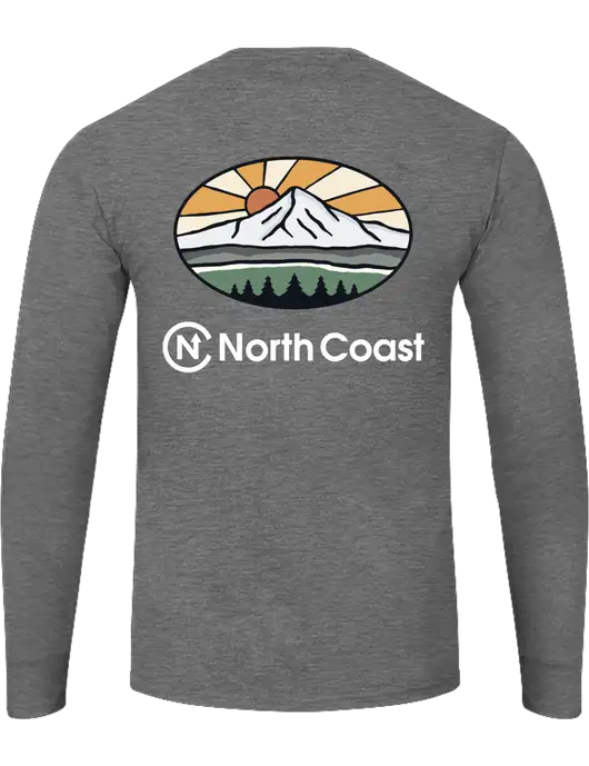 Core Blend Medium Grey Heather Long Sleeve Tee w/White Mountain Sunset Logo, North Coast Logo