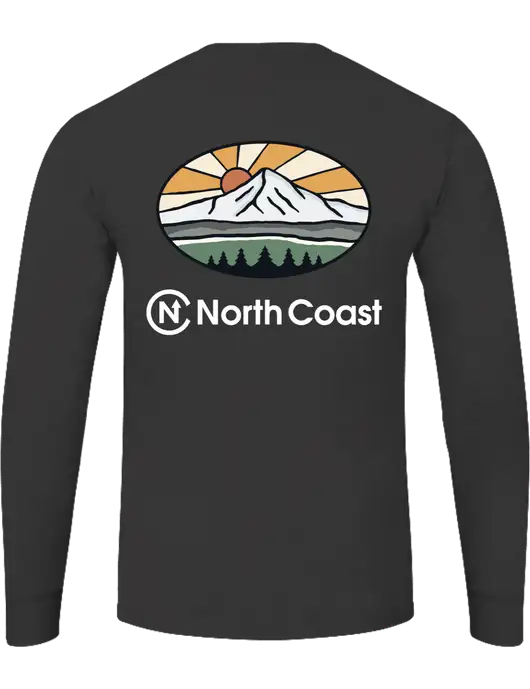 Core Blend Charcoal Grey Long Sleeve Tee w/White Mountain Sunset Logo, North Coast Logo
