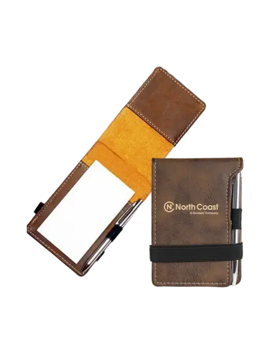 Rustic Leatherette Mini Notepad w/Pen, 3.25 x 4.75 w/North Coast Logo