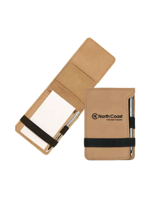 Tan Leatherette Mini Notepad with Pen,  3.25 x 4.75 w/North Coast Logo