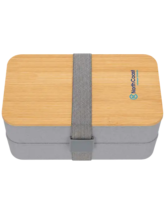 Double Decker Light Medium Grey Lunch Box w/Eco-Friendly FSC Bamboo Lid & Reusable Utensils w/North Coast Logo