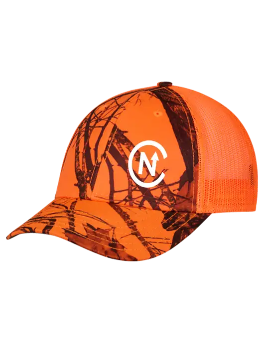 Blaze/Neon Orange Mossy Oak Camo Mesh Trucker Cap Snap Back w/North Coast Icon Logo