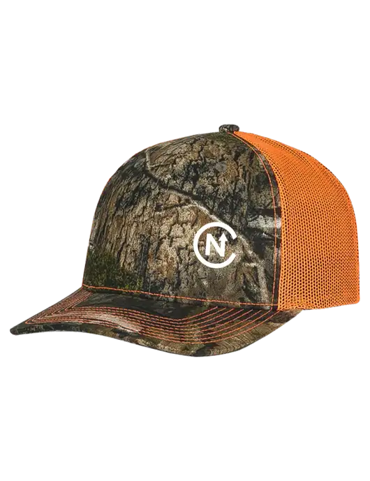 Mossy Oak Country DNA Camo/Orange Mesh Trucker Cap Snap Back w/North Coast Icon Logo