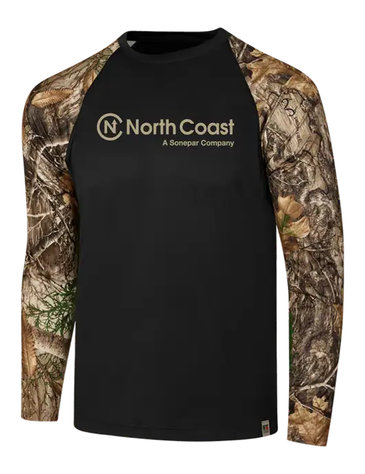Russell Outdoors Black/Realtree Edge Camo Colorblock Performance Long Sleeve T-Shirt w/North Coast Logo