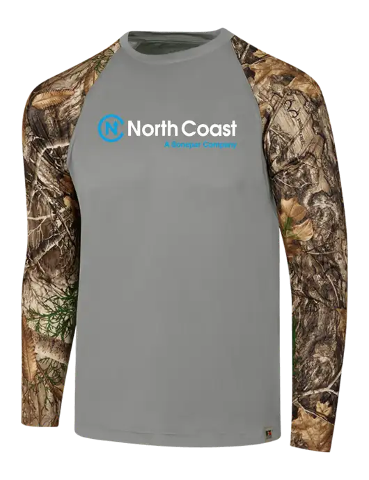 Russell Outdoors Medium Grey/Realtree Edge Camo Colorblock Performance Long Sleeve T-Shirt w/North Coast Logo